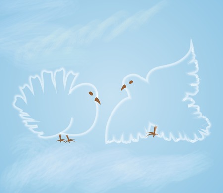 Pencil sketch two white dove on background of blue sky with cloudsのイラスト素材
