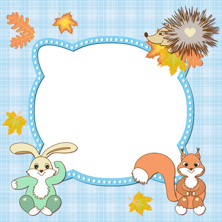 blue baby frame with hedgehog, rabbit, squirrel, leafのイラスト素材