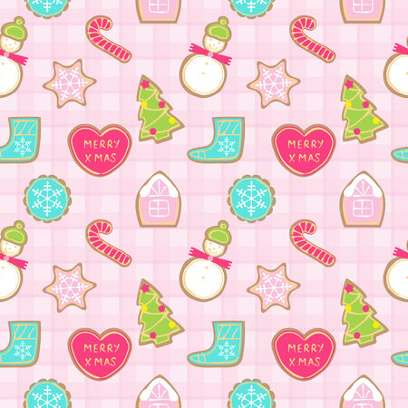 Seamless pattern of different Christmas cookies on checkered backgroundのイラスト素材