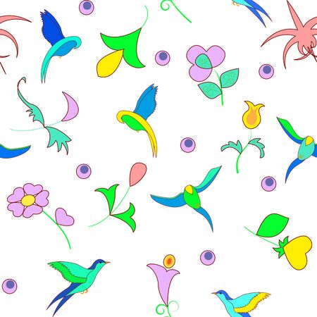 Fantasy seamless pattern of exotic flowers and birds of paradise on white backgroundのイラスト素材