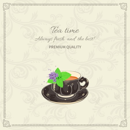 Tea cup and saucer with mint leaves on seamless background with frameのイラスト素材