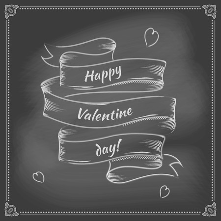 Poster Ribbon and heart congratulations Valentine chalk on blackboard.のイラスト素材