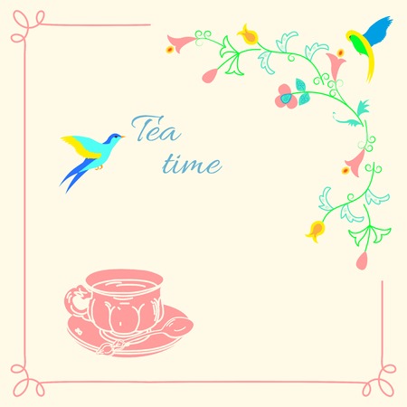 Hand-drawing tea cup and frame with fabulous flowers and birdsのイラスト素材