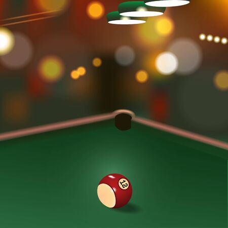 Illustration of game on green cloth with billiard ball.Blurred background, bokeh effect