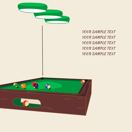 Table with balls and lighting equipment for billiards with space for text