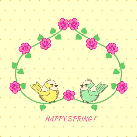 Baby Shower heart of flowers and birds on yellow backgroundのイラスト素材