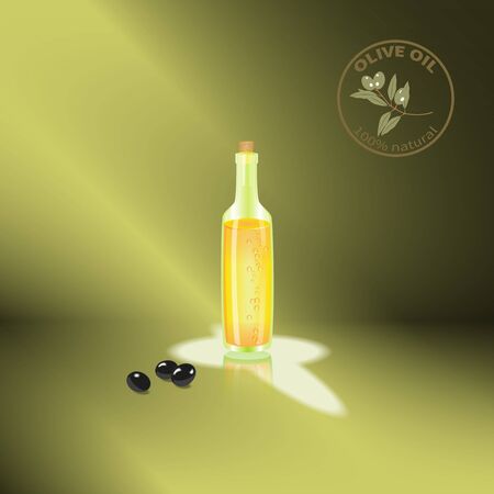 A bottle of olive oil with reflection and olives.Emblem.のイラスト素材