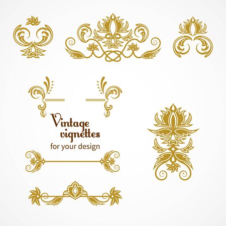 Set of vintage vignettes in Victorian style. Ornate element for design. Ornamental patterns for wedding invitations, birthday and greeting cards.のイラスト素材