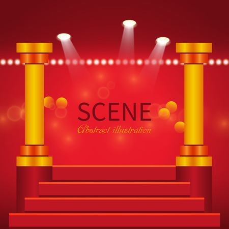 Abstract scene with columns and stairs illuminated spotlights.Glowing effect for people or product advertisingのイラスト素材