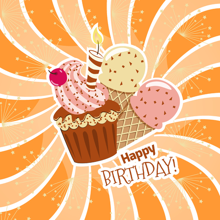 Happy birthday card with cupcakes and candles and ice cream.Background with orange raysのイラスト素材