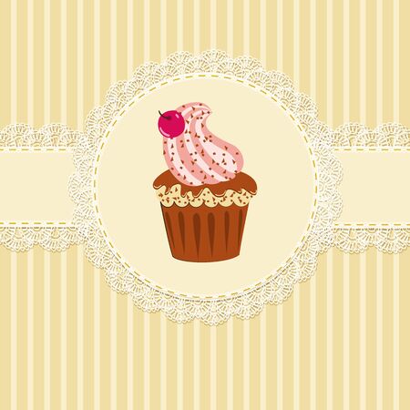 Vintage striped background with a cupcake and laceのイラスト素材