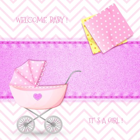 Baby Shower with stroller and swaddling clothes on background denim textureのイラスト素材
