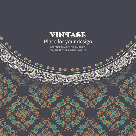 Invitation card or greeting.Retro background with lace on seamless floral mosaic patternのイラスト素材