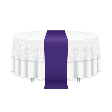 Isolated blank round table with white tablecloth and a purple ribbon for celebration isolatedのイラスト素材