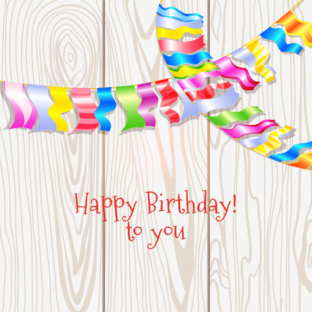 Birthday card with Garland multicolored Bunting flags against the backdrop of wooden planksのイラスト素材