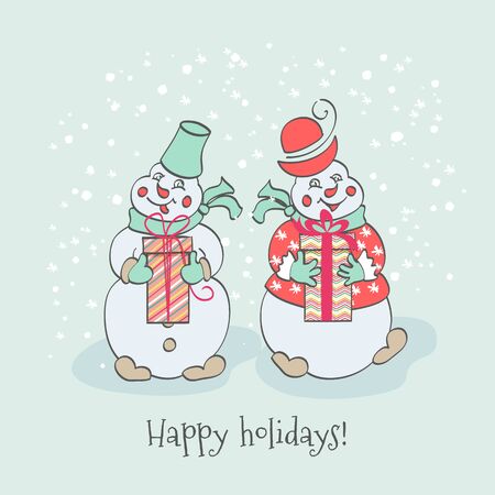 Funny cartoon Christmas Snowmen with gifts on holidaysのイラスト素材