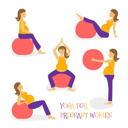 set cartoon hand icon fitness yoga for pregnant woman on fitballのイラスト素材