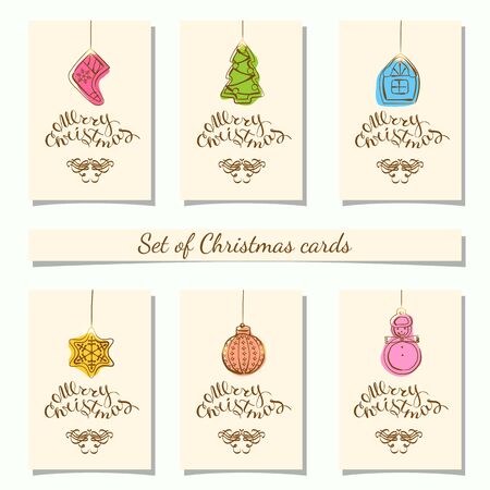 Collection of 6 kraft paper christmas gift tags.Cards with bauble ornaments hanging.Vector illustration.のイラスト素材