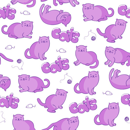 Collection of cute cartoon cats.Set of six funny kittens.Vector seamless patternのイラスト素材