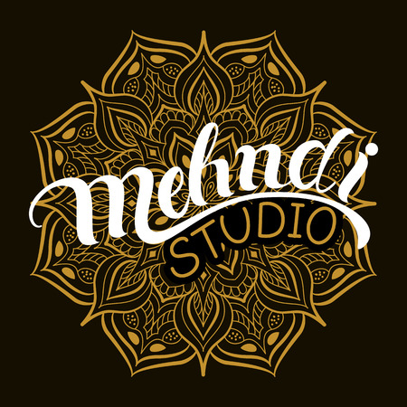 Mehndi studio hand drawn logo. Traditional indian style, elements with henna, design for cards and prints.Vector illustration.のイラスト素材