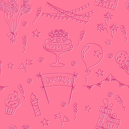 Birthday seamless pattern elements. Hand drawn set with birthday cake, balloons, gift and festive attributes. Children drawing doodle collection.のイラスト素材