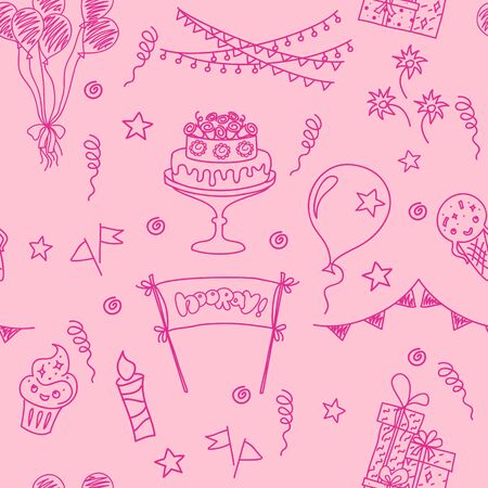 Birthday seamless pattern elements. Hand drawn set with birthday cake, balloons, gift and festive attributes. Children drawing doodle collection.のイラスト素材