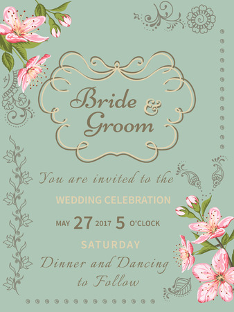 Invitation card of color sacura blossom flowers. Vintage floral invitation for spring or summer bridal shower. Frame card background with mehendi elements. Vector illustration.のイラスト素材