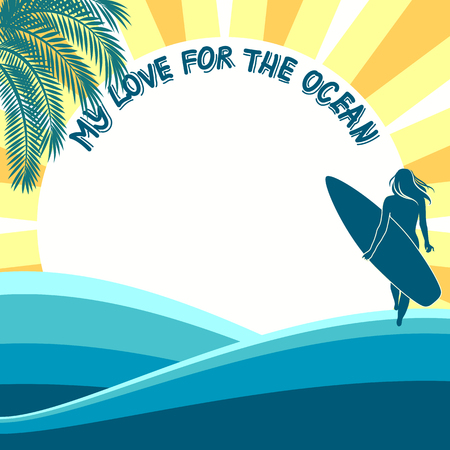 girl walks along the sea sandy beach with a surfboardのイラスト素材