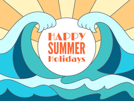 Happy summer holidays banner design with white circle for text and blue water surface.Flat abstract big waves of the sea or ocean landscape.Vector background.のイラスト素材