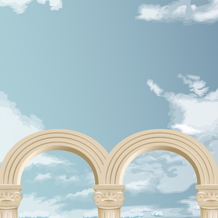 Realistic antique roman column marble arch royal architecture.Vector archway on the background of cloudy sky.のイラスト素材