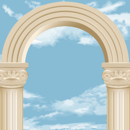 Realistic antique roman column marble arch royal architecture.Vector archway on the background of cloudy sky.のイラスト素材