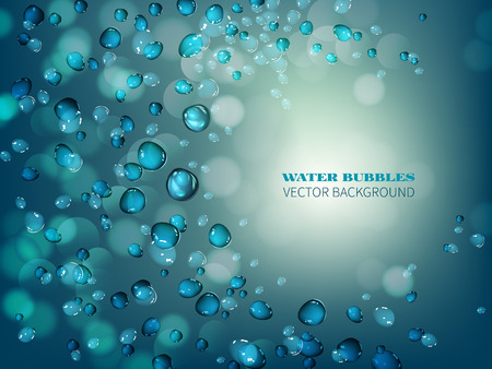 Blue falling water with air bubbles.The flow of flying water droplets on a blue backgroundのイラスト素材