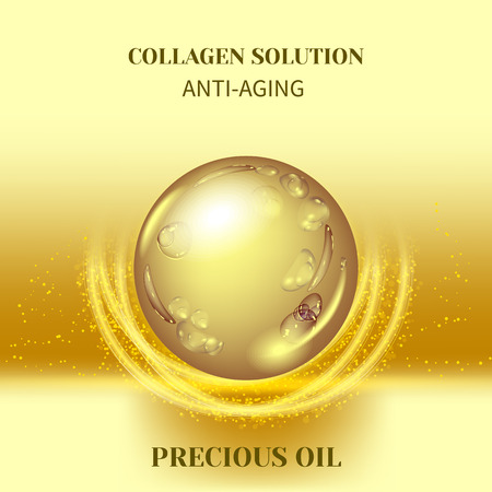 Vector Illustration of gold oil bubbles on precious background.Collagen emulsion in water. Gold serum droplets.Package design cosmetic products.のイラスト素材