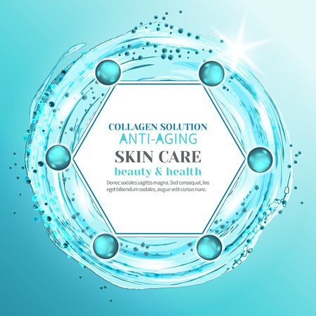 3d model of the molecule, drops collagen solution against the background of a splash of blue water, serum and essence. Beautiful scientific background, science in cosmetics. Vector realistic illustrationのイラスト素材