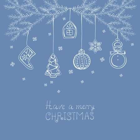 Merry christmas bauble ornaments hanging on a Christmas tree branch.Vector illustration.のイラスト素材
