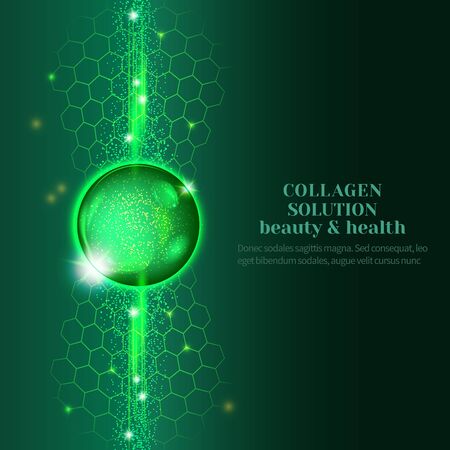 Illustration of green oil bubbles on precious background.Collagen emulsion in water. Gold serum droplets. Package design cosmetic products.のイラスト素材