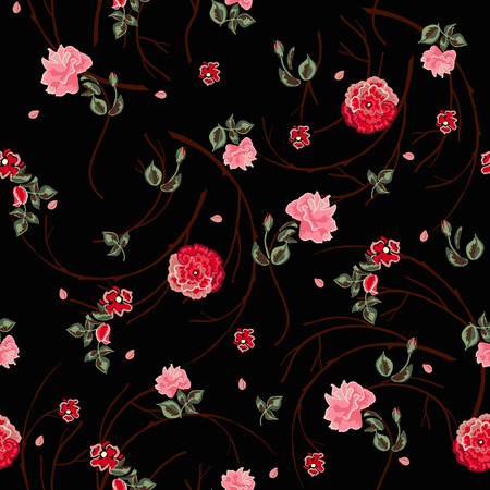 Trendy floral background with red and pink roses flowers in hand drawn style on black. Blooming botanical motifs scattered random. Vector seamless pattern for fashion prints.のイラスト素材