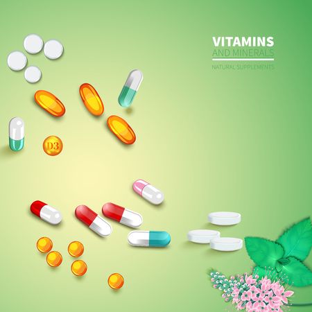 Collection of colorful scattered pills and capsulesのイラスト素材