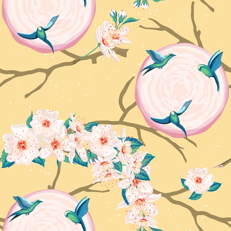 Birds flying in the sun, cherry blossoms in hand drawn style pastel colors.Vector seamless pattern for fashion prints.のイラスト素材