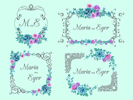 Set of vintage frames with floral motifs for greeting card or wedding invitation on background. Vector garden flowers Pink roses and peonies with greenery in watercolor style.のイラスト素材