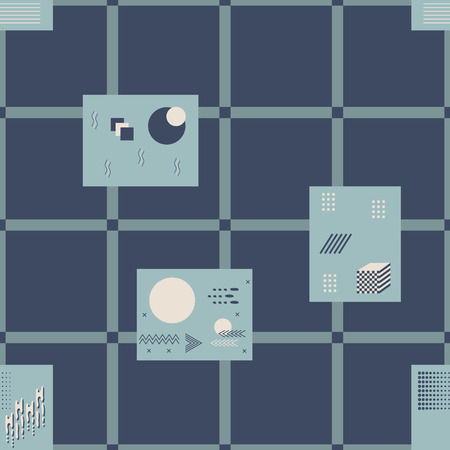 Bandanna patchwork fabric.Vector seamless pattern of geometric elements in memphis style.Indigo backgroundのイラスト素材