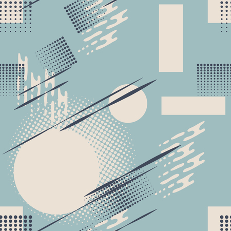 Bandanna patchwork fabric.Vector seamless pattern of geometric elements in memphis style.Blue backgroundのイラスト素材