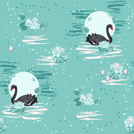 Black Swan and lotus flowers against the sunrise, Chinese and Japanese lacquer miniatures.Vector illustration,seamless patternのイラスト素材