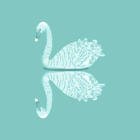 Beautiful realistic White Swan with mirror reflection in water.Vector illustrationのイラスト素材