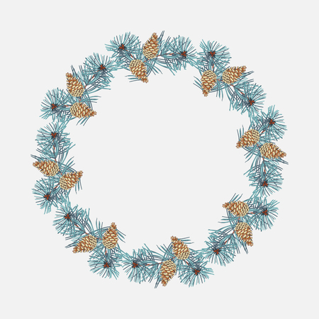 Wreath of coniferous twigs, golden pine cone on white . Winter Christmas background or greeting card.のイラスト素材