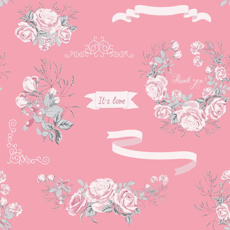 Seamless pattern of vector elements for Wedding invite card.Wedding bouquets of pink roses, arrangement, ribbons, hand calligraphy and other design elements.のイラスト素材