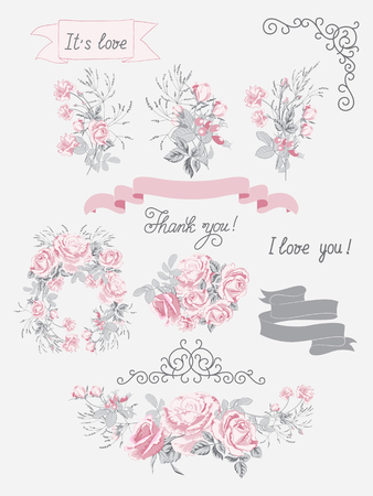 Set of vector elements for Wedding invite card.Wedding bouquets of pink roses, arrangement, ribbons, hand calligraphy and other design elements.のイラスト素材