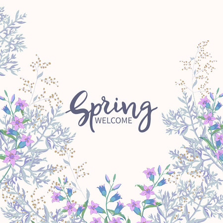 Vintage spring floral background.Lettering Spring Welcome.Border of field flowers big bells and blooming of wormwood on white background. Vector banner, poster, greeting cardのイラスト素材