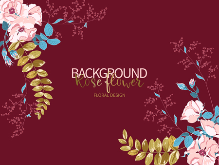 Composition of beautiful pink rose and gold tropical leavesのイラスト素材