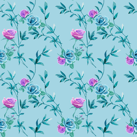 Trendy floral background with blue, lilac roses flowers and twigs with leaves on light blue. Blooming botanical motifs scattered random. Vector seamless pattern for fashion prints.のイラスト素材